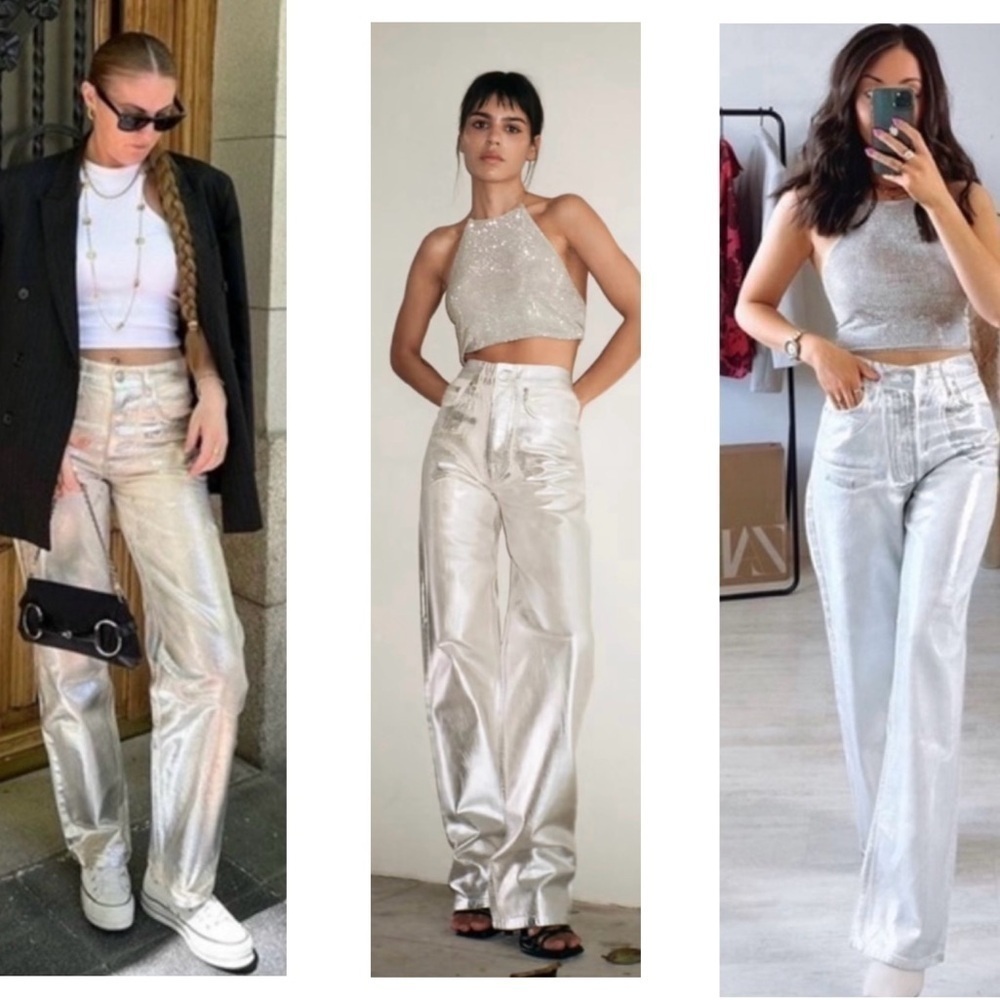 Zara silver white metallic foil mid rise five pocket denim jeans bloggers fave 4
